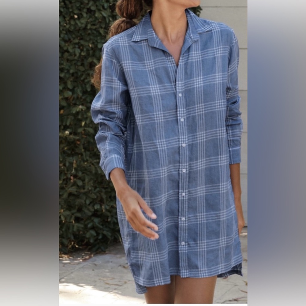 Frank & Eileen Hunter Shirt Dress Size Small Linen Blue Plaid Long Sleeve